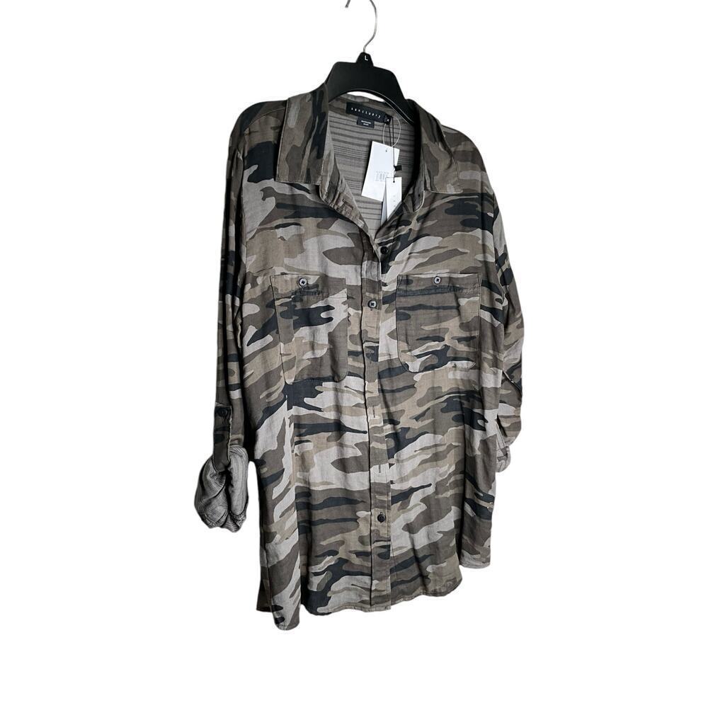 NWT Sanctuary Boyfriend Shirt Button Up Roll Tab Sleeves Camo Gray Womens Medium